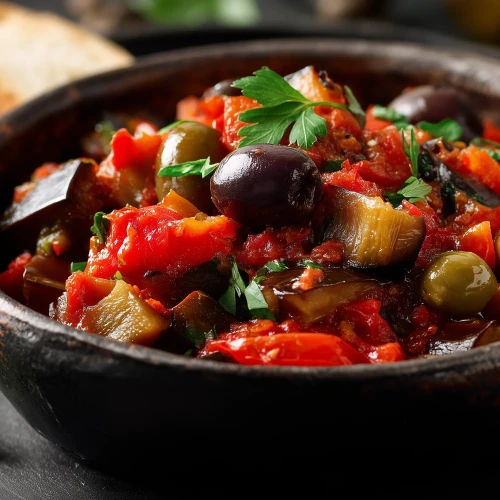 caponata d'aubergines dans un bol, avec des olives du poivron et des herbes fraiches, spécialité sicilenne vegetarienne