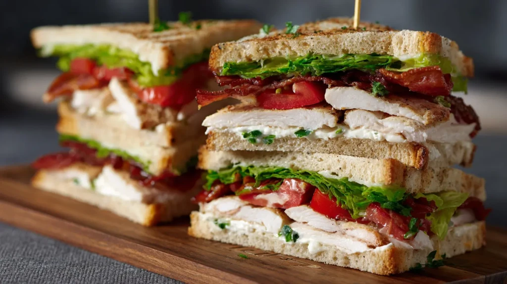 Club sandwich sans gluten sur une planche en bois, avec des bons morceaux de blanc de poulet et des tomates avec de la mayonnaise