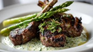 Côtelettes d'agneau aux asperges rôties à la crème aux herbes
