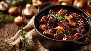 daube de sanglier aux champignons dans une cocotte en fonte avec dans le décor des champignons fraîchement cueillis
