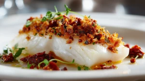 filet de turbot en croute-chorizo présenté dans une belle assiette blanche élégante avec des herbes fraiches