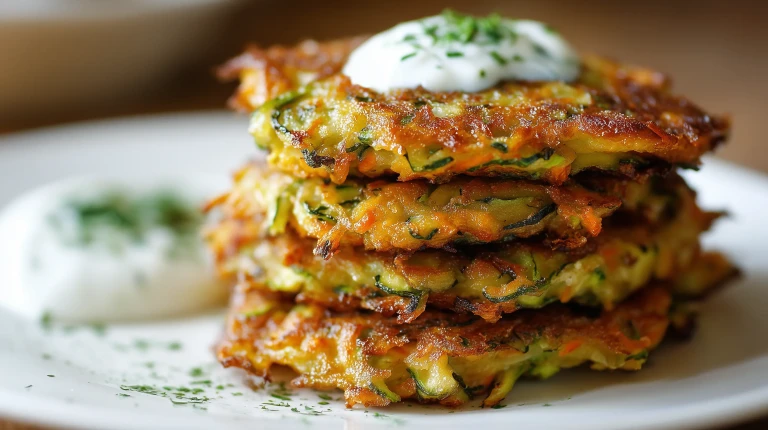 Galettes de légumes empilées avec un peu de crème par dessus