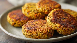 Galettes de pois cassés et lentilles, bien dorées, posées dans une assiette