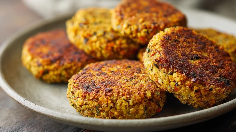 Galettes de pois cassés et lentilles, bien dorées, posées dans une assiette