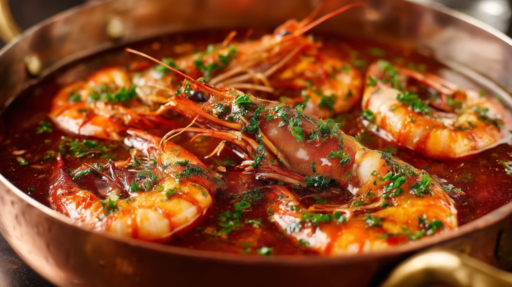 Gambas à l'armoricaine à la sauce de bisque de homard servies dans une peile en cuivre