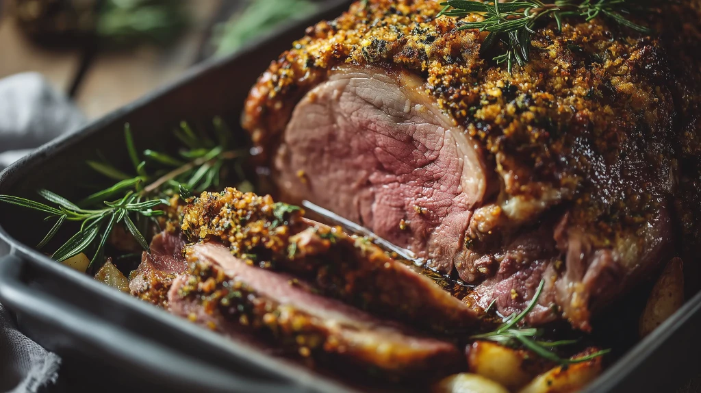 Gigot d'agneau en croute de moutarde et miel sorti du four, avec le coeur rosé et servi avec du romarin frais