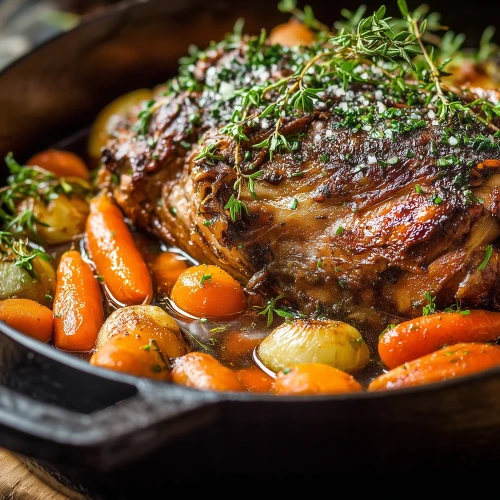 Le gigot de sept heures, la cuisson du gigot de Pâques parfaite, dans une cocotte avec des petites carottes et des oignons et des herbes fraiches