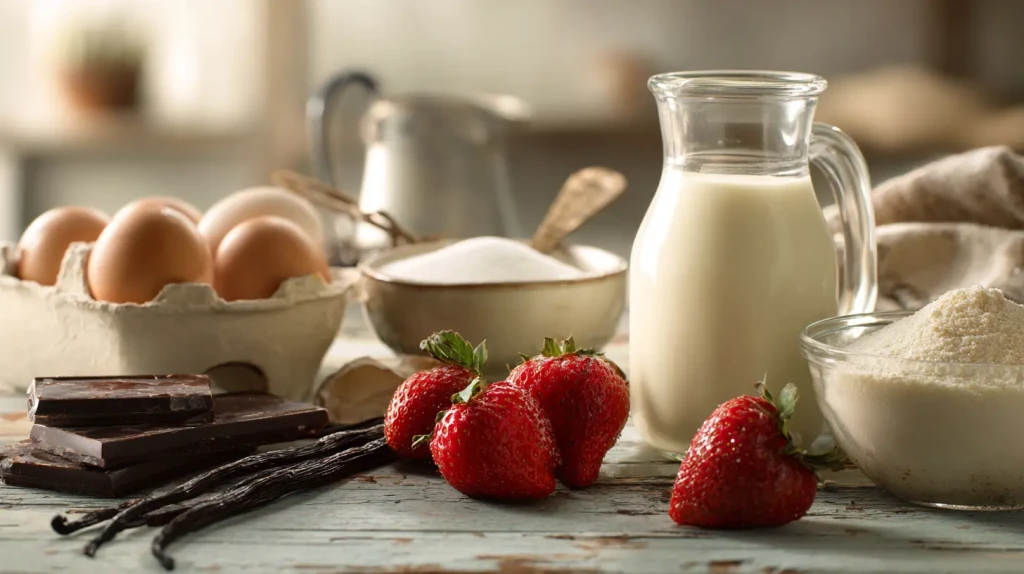 Ingrédients pour faire une glace artisanale : crème, lait, sucre, oeufs, chocolat, vanille, fraises...