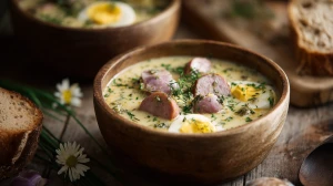 Jourek (zurek), soupe polonais de pâques avec une base aigre, des morceaux de saucisse et des oeufs durs