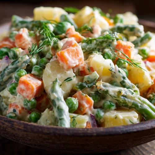 Macédoine de légumes avec de la sauce mayonnaise dans un bol