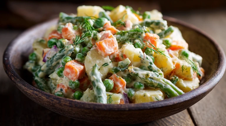 Macédoine de légumes avec de la sauce mayonnaise dans un bol