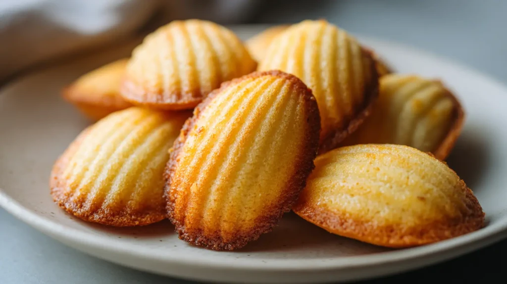Madeleines au beurre, recette traditionnelle, les madeleines bien moelleuses et dorées posées sur une assiette
