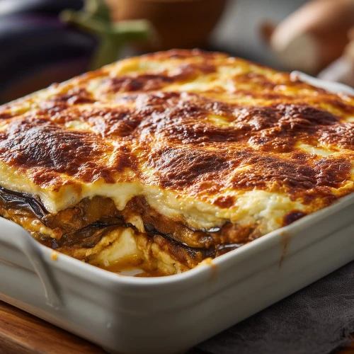 Moussaka traditionnelle comme en Grèce, les couches de viandes d'agneau haché, d'aubergines, de bechamel et de fromage sont bien visibles