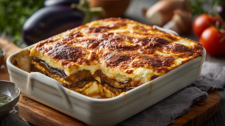 Moussaka traditionnelle comme en Grèce, les couches de viandes d'agneau haché, d'aubergines, de bechamel et de fromage sont bien visibles