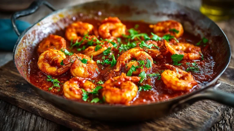 Ojja de crevettes à la tunisienne, spécialité de crevettes en sauce et aux épices avec des herbes fraiches, revenues à la poele