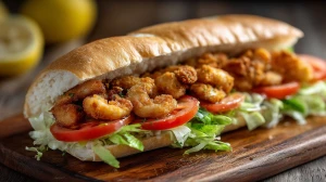 po' boy shrimp croustillant aux crevettes, sandwich typique de la Nouvelle Orleans