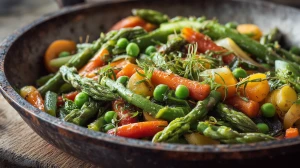 Poêlée de légumes de printemps dans une poele avec des asperges, carotte nouvelles, petits pois...