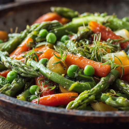 Poêlée de légumes de printemps dans une poele avec des asperges, carotte nouvelles, petits pois...