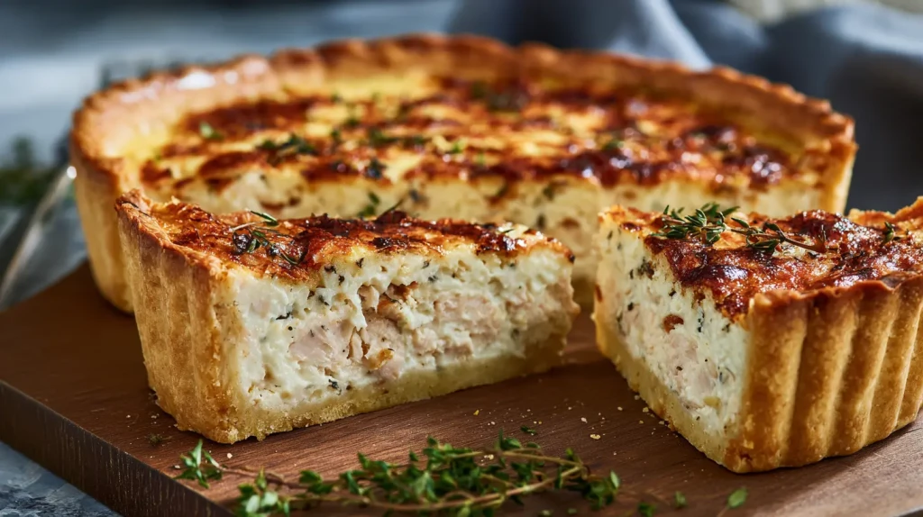Quiche au thon, avec des parts coupées, sur une planche en bois