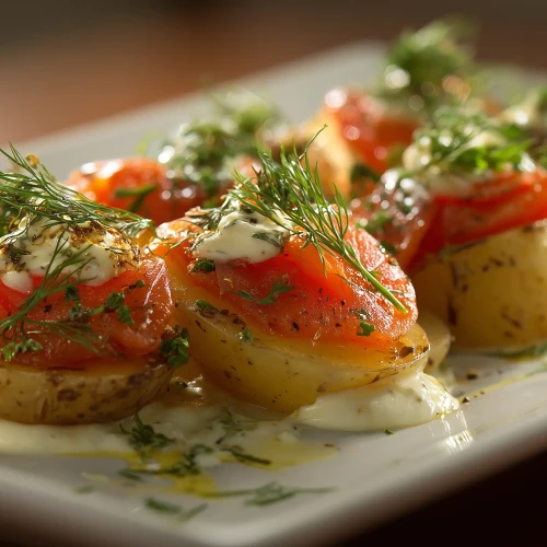 Saumon fumé avec une sauce citronnée sur lit de pommes-de-terre tièdes, servi avec de l'aneth