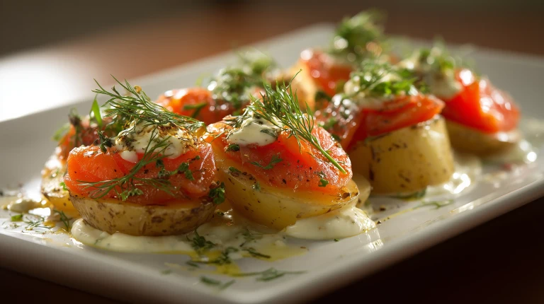 Saumon fumé avec une sauce citronnée sur lit de pommes-de-terre tièdes, servi avec de l'aneth
