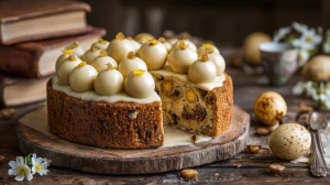 Simnel cake avec ces boules symboles de Pâques, gâteau typique de l'Angleterre et de l'Irlande