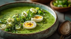 Soupe aux herbes de paques servie avec des oeuf durs coupés en deux et des morceaux de légumes et d'herbes fraîches