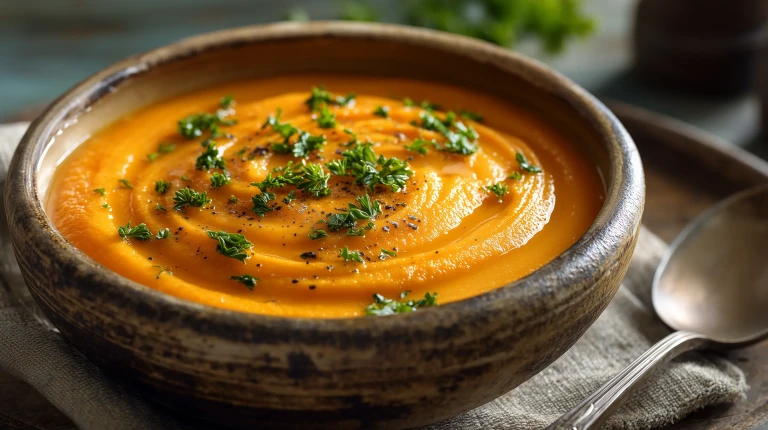 Soupe de légumes racines dans un bol rustique avec des herbes fraîches