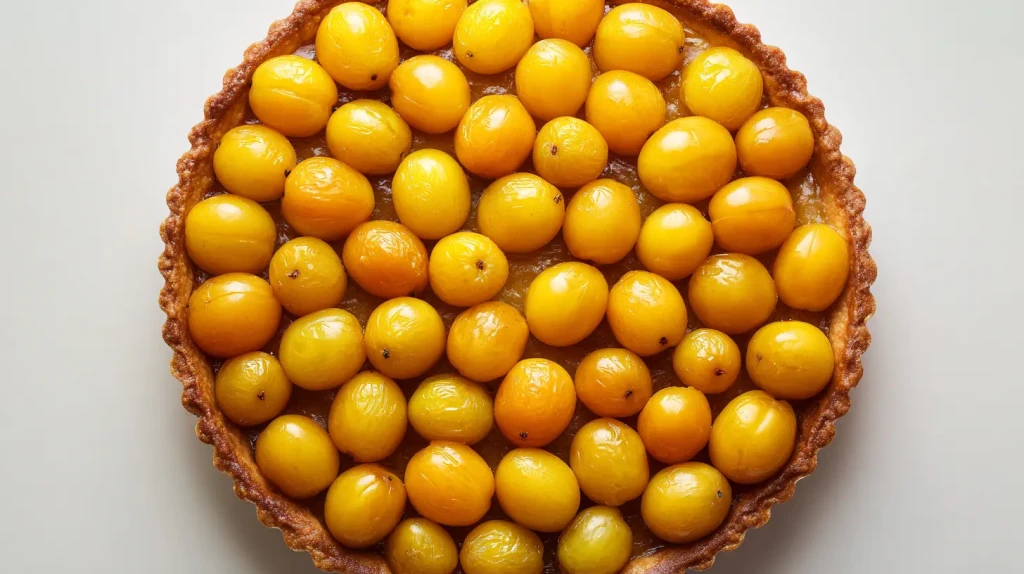 Tarte aux mirabelles vue du dessus, sur une base de pâte à tarte maison