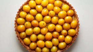 Tarte aux mirabelles vue du dessus, sur une base de pâte à tarte maison