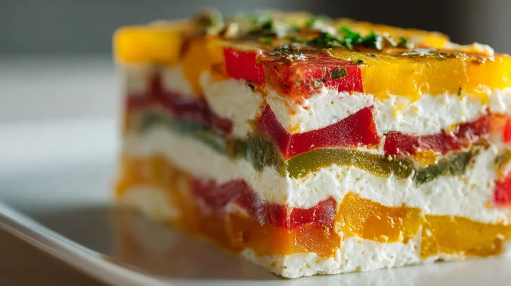 Terrine de feta et poivrons multicolores servie avec ses couches de poivrons et de fromage frais