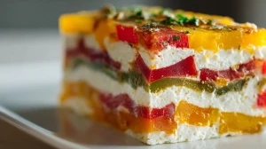 Terrine de feta et poivrons multicolores servie avec ses couches de poivrons et de fromage frais