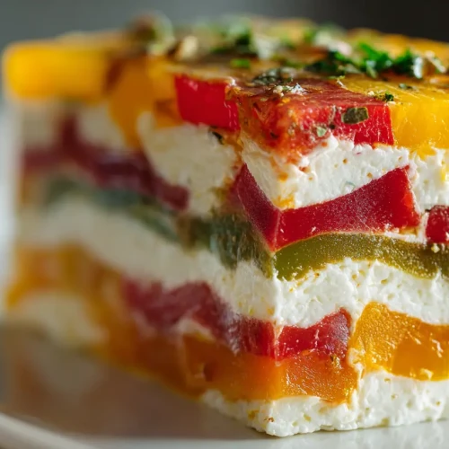 Terrine de feta et poivrons multicolores servie avec ses couches de poivrons et de fromage frais