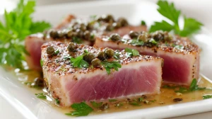 Filet de thon aux capres servi dans une assiette blanche, avec le coeur encore cru