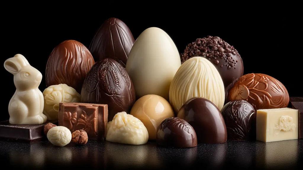 Variété de chocolats de Pâques : blanc, noir ou au lait, lapins, poules et oeufs...