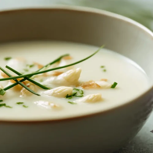 velouté d'asperges blanches dans un bol moderne avec des têtes d'asperges blanches et des herbes fraiches