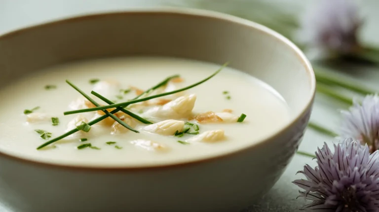 velouté d'asperges blanches dans un bol moderne avec des têtes d'asperges blanches et des herbes fraiches