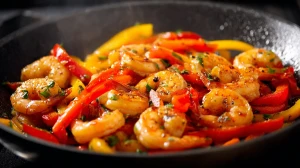 wok de scampi au poivron avec des herbes fraîches, fusion entre cuisine asiatique et européenne