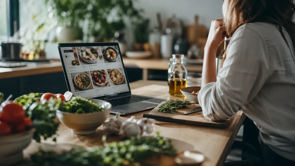 femme qui cherche des recettes de cuisine sur son ordinateur portable dans sa cuisine