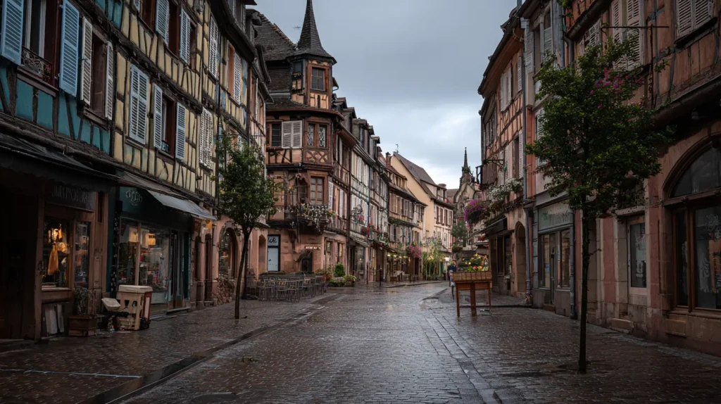 rues en Alsace avec une architecture particulière, ciel voilé