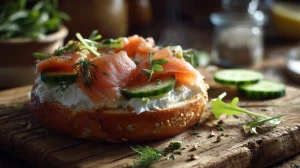 Un bagel toasté doré garni de fromage frais, de tranches de saumon fumé, de câpres et d'aneth, sur une planche en bois