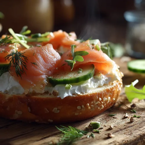 Un bagel toasté doré garni de fromage frais, de tranches de saumon fumé, de câpres et d'aneth, sur une planche en bois