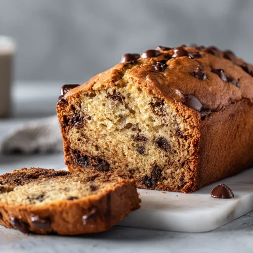 Tranche de pain aux bananes avec pépites de chocolat sur une assiette blanche, à côté d'une tasse de café.