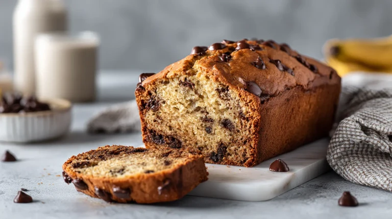 Tranche de pain aux bananes avec pépites de chocolat sur une assiette blanche, à côté d'une tasse de café.