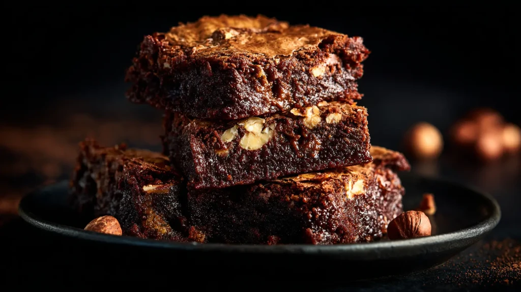 Brownie au praliné, bien moelleux avec du chocolat et des noix, dans une assiette noire élégante