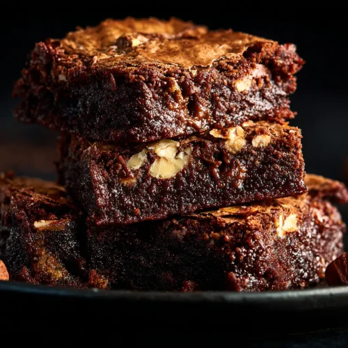 Brownie au praliné, bien moelleux avec du chocolat et des noix, dans une assiette noire élégante