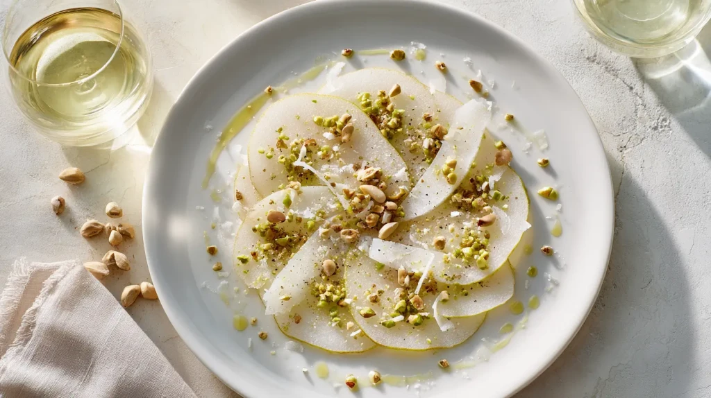 Carpaccio de poire au parmesan avec des éclats de pistaches et de noix servi dans une assiette élégante digne d'un restaurant gastronomique.