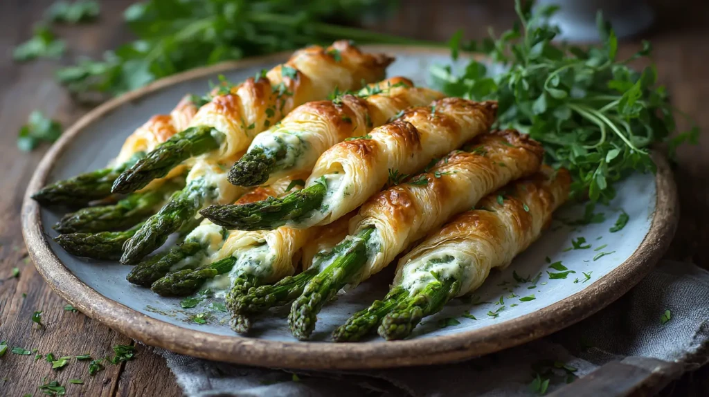 Crousti aux asperges : asperges vertes dans une pate feuilletée croustillante avec du fromage fondant