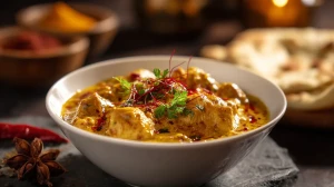 curry de poulet dans un bol, avec du coriandre frais
