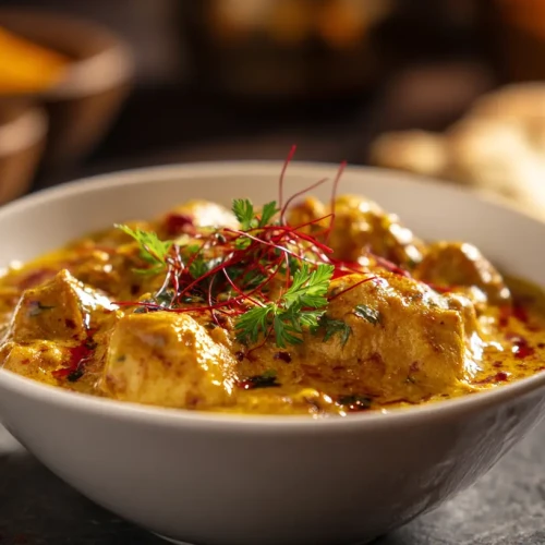 curry de poulet dans un bol, avec du coriandre frais